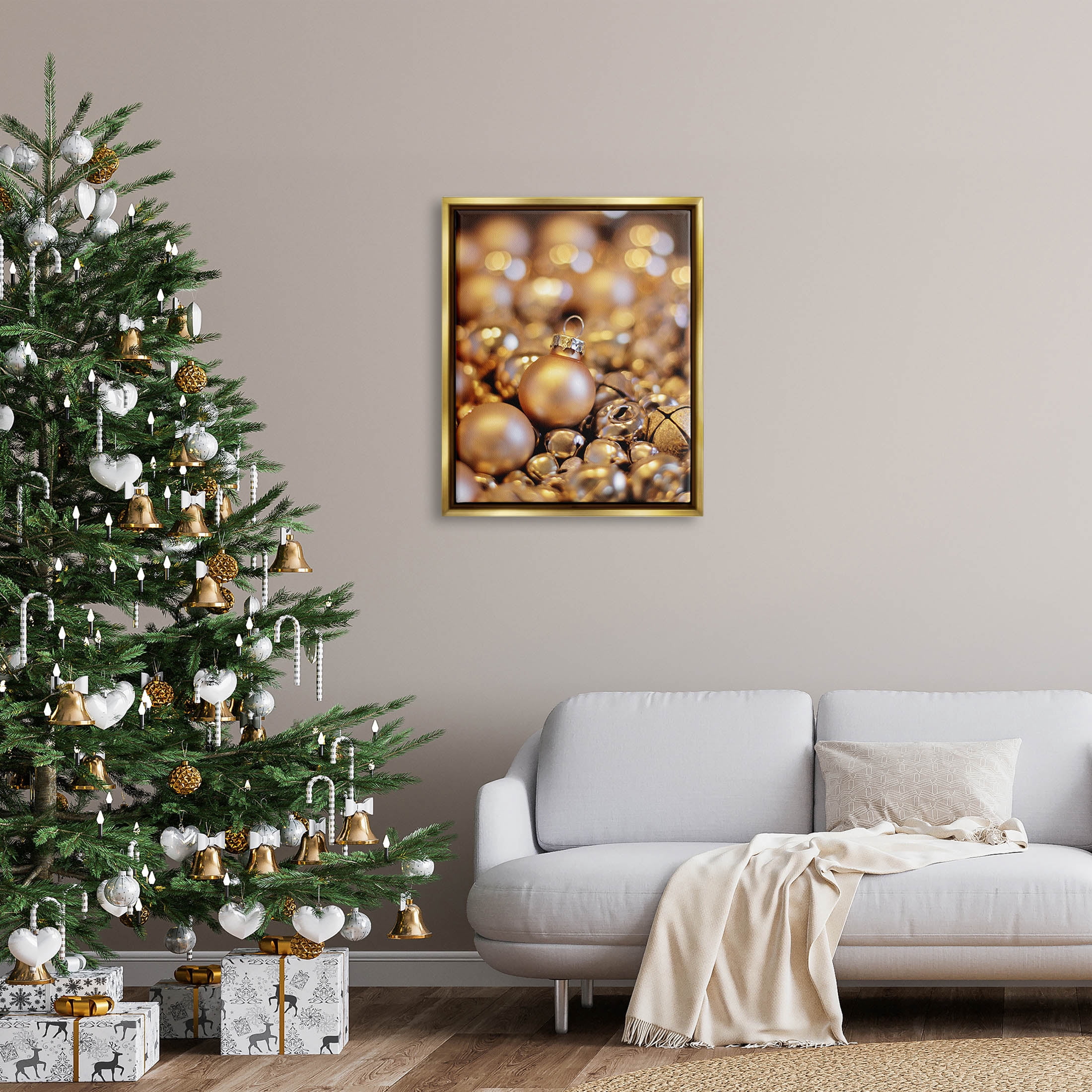 Gleaming Christmas Ornaments Bells Holiday Photograph Metallic Gold Framed Art Print Wall Art
