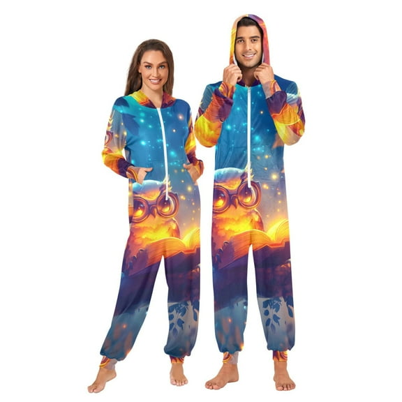 Owl Reading Adult onesie Pajamas, Crystal Velvet Ultra Soft Warm Jumpsuit for Men and Women