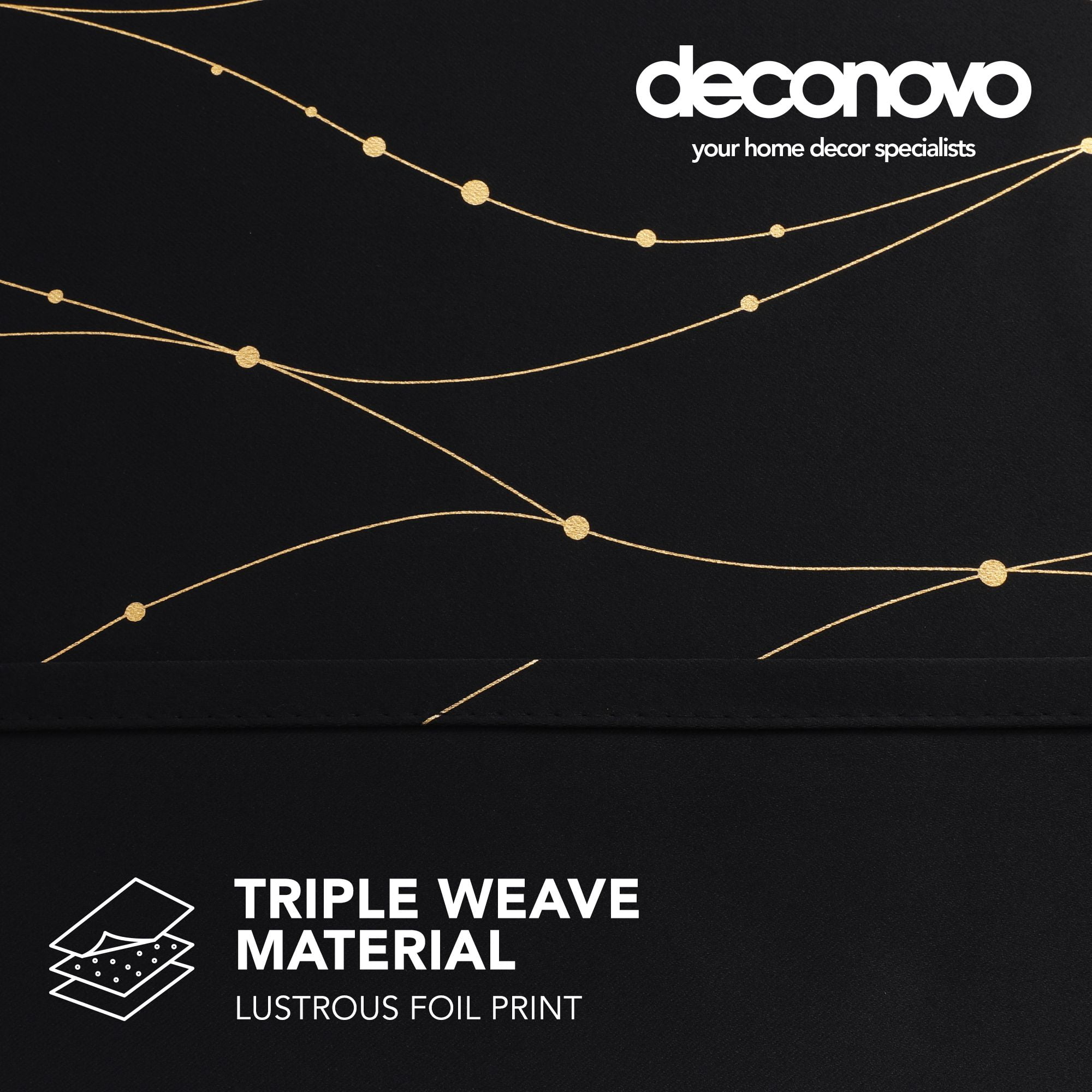 Deconovo Window Curtains Wave Line with Dots Gold Foil Print Design Grommet Blackout Curtains for Kitchen 52 x 45 inch Black 2 Panels