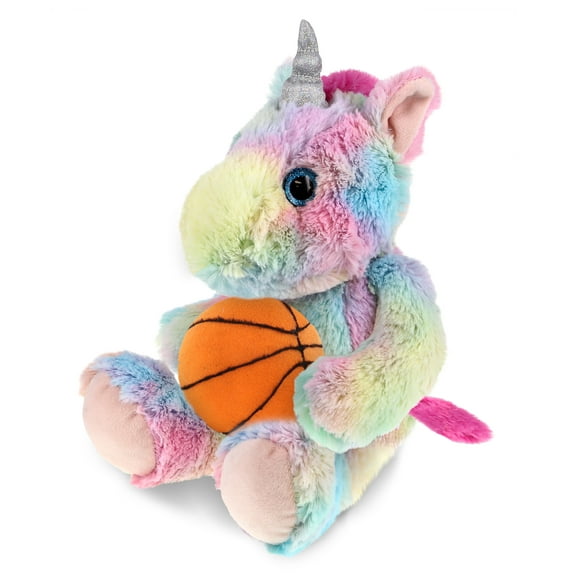 DolliBu Sitting Rainbow Unicorn Stuffed Animal with Basketball Plush - Huggable Unicorn, Playtime Plush Toy, Cute Fantasy Gift Plush Doll Animal Toy for Kids and Adults - 10 Inches