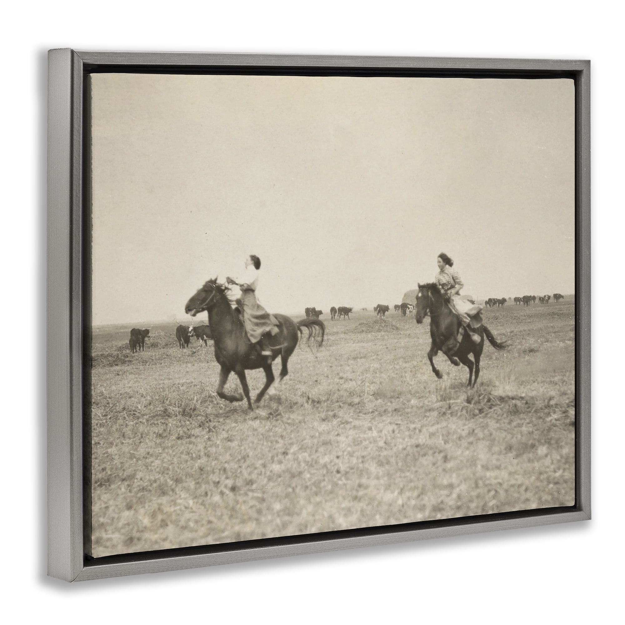 Stupell Industries Galloping Cowgirl Friends Animals Photography Gray Floater Framed Canvas Art Print Wall Art, 21 x 17