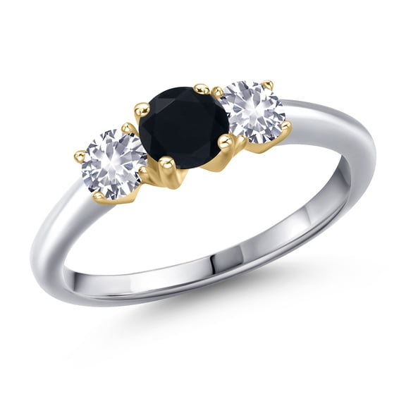 Gem Stone King 10K Two Tone Gold Black Onyx and White Created Sapphire Engagement Ring for Women | 0.98 Cttw | Round 5MM | Gemstone December Birthstone | Size 8