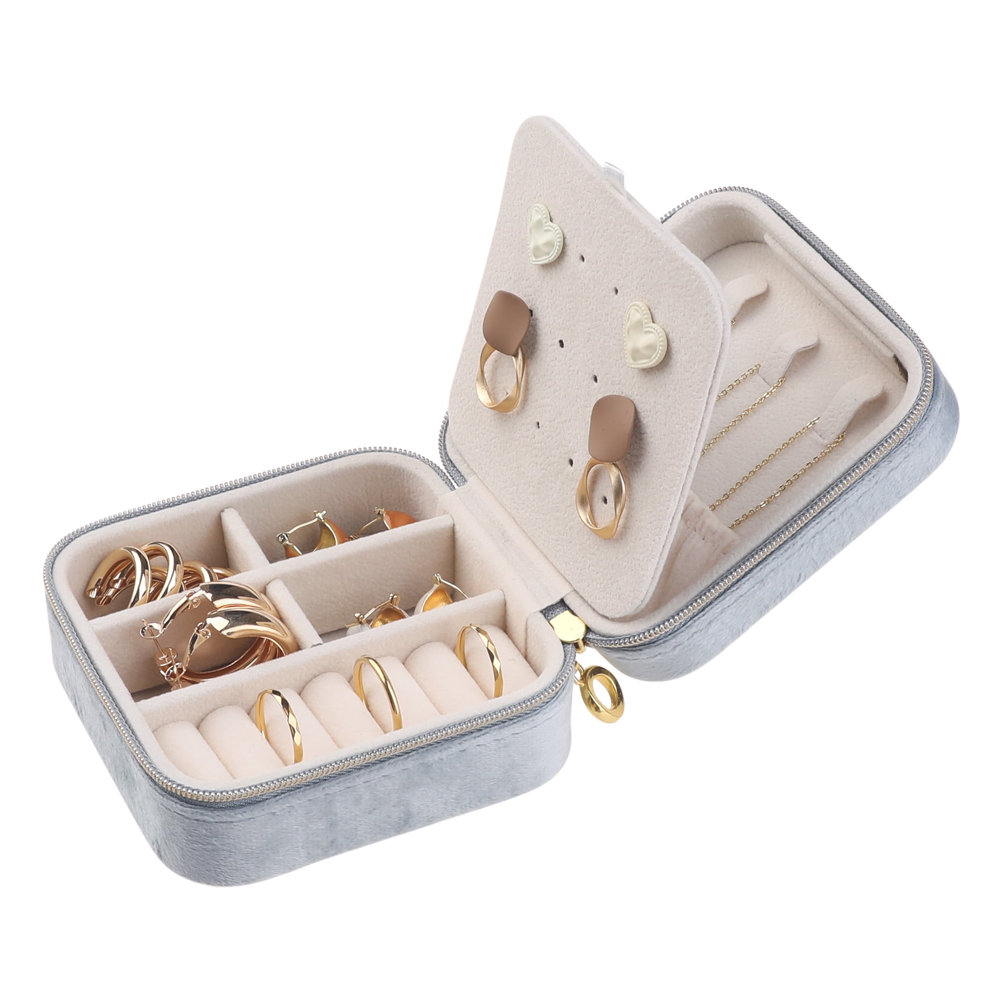 Unique Bargains Travel Jewelry Box Mini Portable Plush Velvet Jewelry Organizer Case Gray