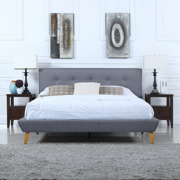 Mid-Century Grey Linen Low Profile Platform Bed Frame with Tufted