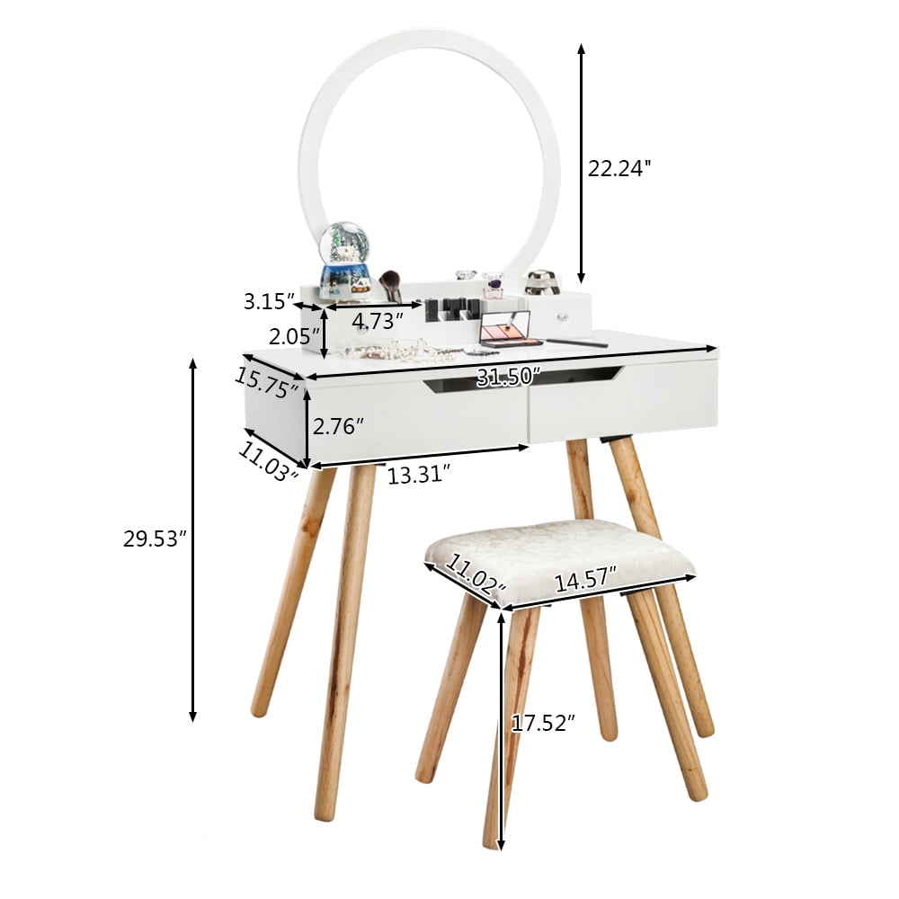 Lowestbest Wooden Dressing Table Set, Desk with Round Mirror and Two Drawers, Suitable for Bedroom and Office, White