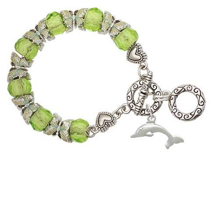 - Silvertone Antiqued Dolphin Lime Green Butterfly Bead Charm Bracelet