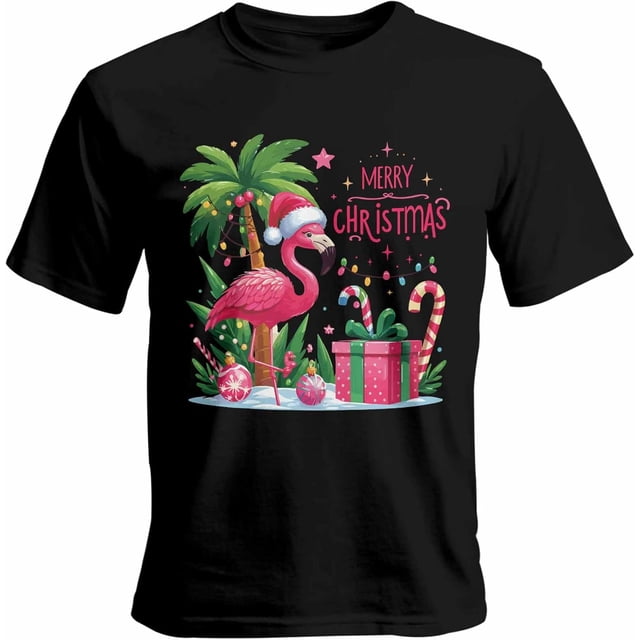 Camisetas gráficas informales de manga corta con flamencos navideños de Papá Noel para hombre