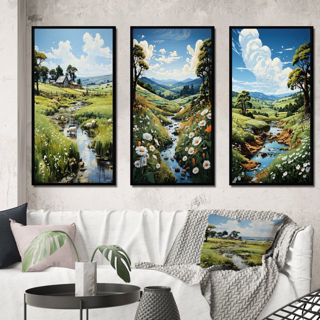 Designart "In Pasture Countryside Sheep painting" Landscape & Nature Framed Wall Art Set Of 3 - Green Countryside Frame Gallery Wall Set For Home Decor