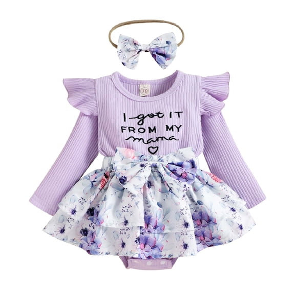 Odeerbi Infant Toddler Baby Girls 2025 Long Sleeve Romper Print Skirt Jumpsuit Headband Two-piece Set