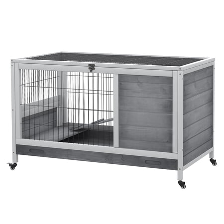 Rabbit Cage Indoor, Wooden Bunny Habitat with Run & Wheels - Guinea Pig Cage Small Animal Hutch for 1-2 Pets