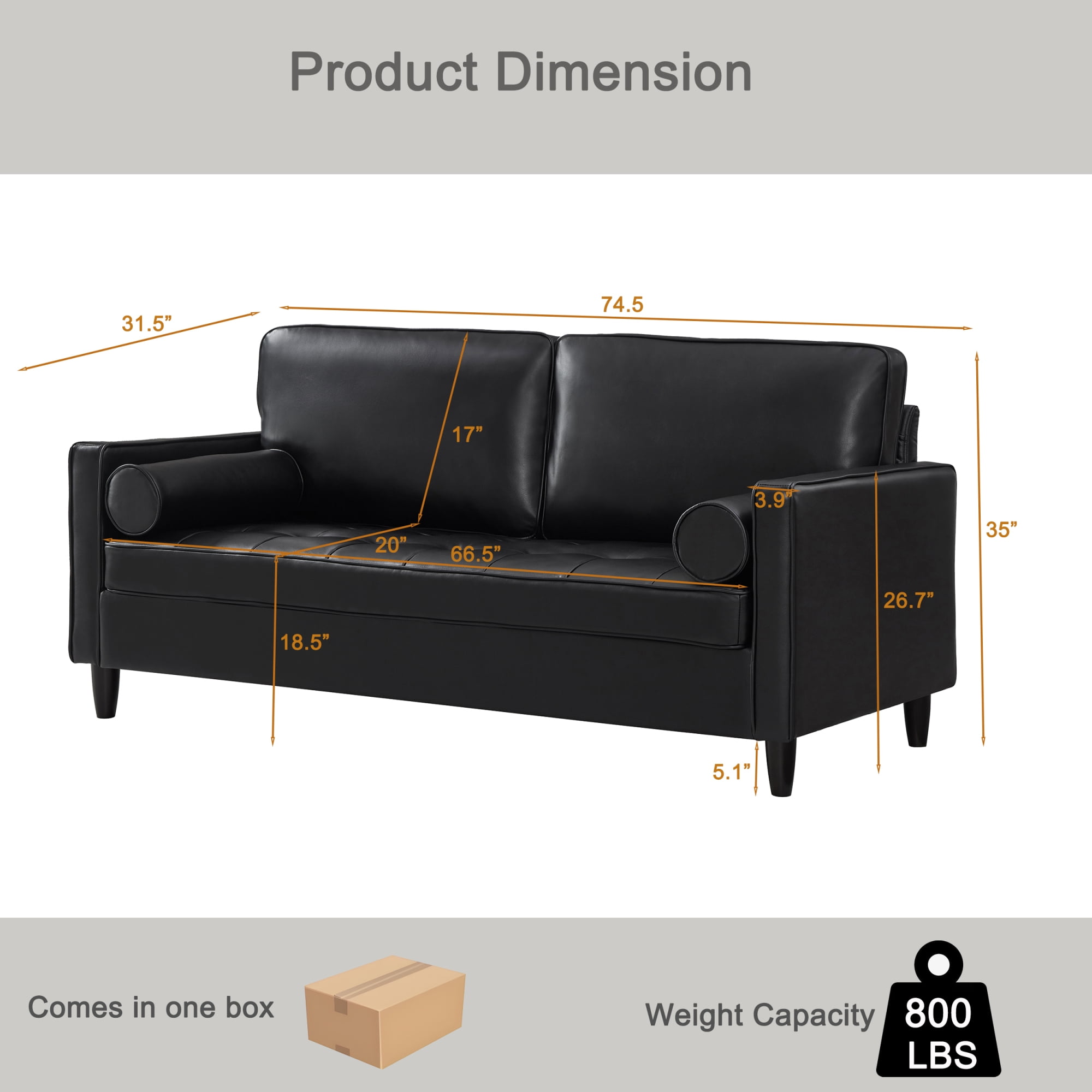 Leumius 74.5"W 3-Seater Sofa Loveseat Sofa Faux Leather Breathable Upholstered Sofa Couch with Solid Wood Legs for Living Room, Apartment & Office,Black