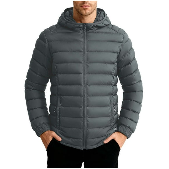 Lovzfmll Men's Puffer Jacket Detachable Hood Heavyweight Quilted Zippered Pockets Gray, L