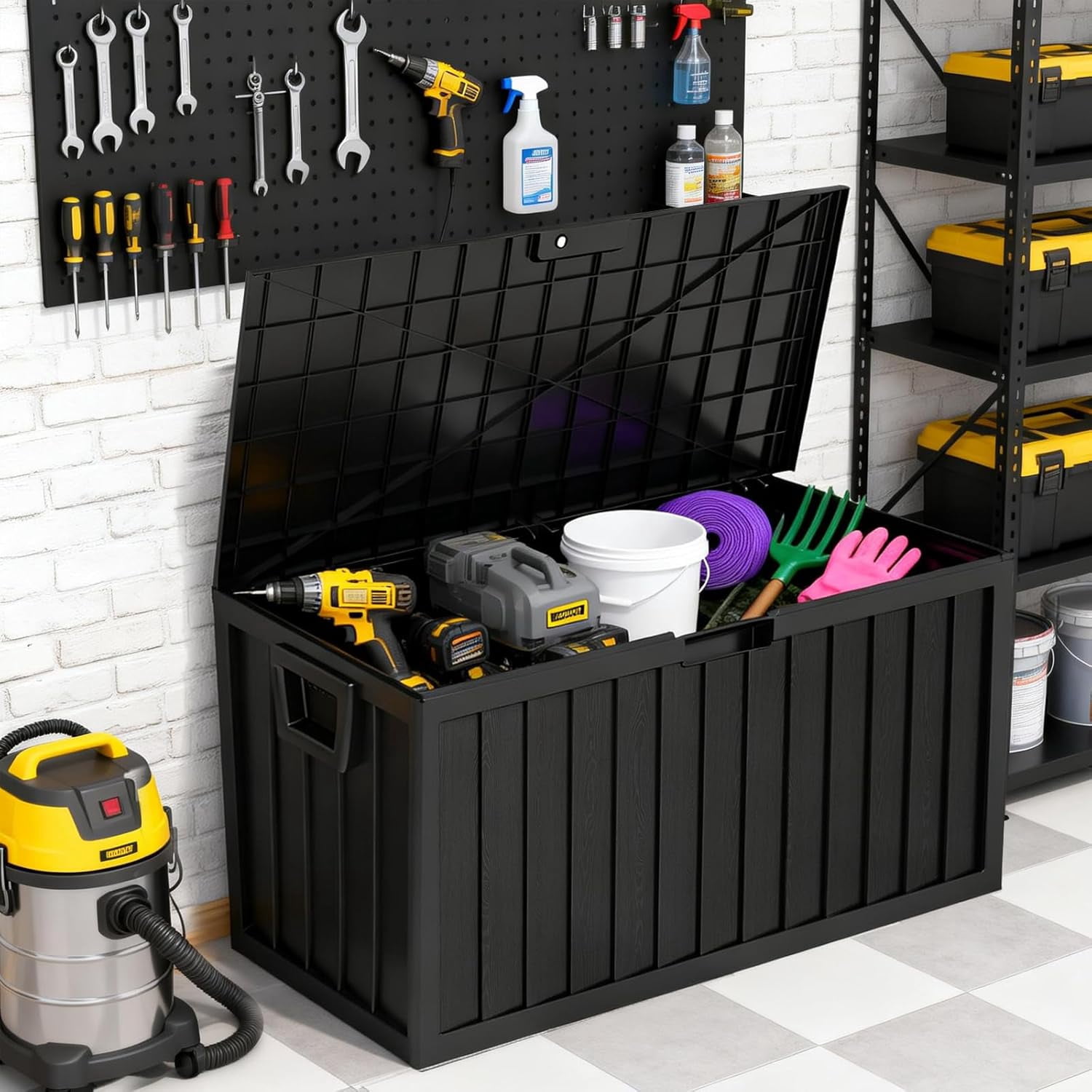 75 Gallon Lockable Outdoor Storage Box, Waterproof Resin Deck Box for Patio Cushions, Garden Tools & Pool Supplies, Black