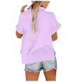 thumbnail image 3 of Womens Cotton Linen Short Sleeve Button Down Henley Shirts Solid Color V-Neck Loose T-Shirt Purple, 3 of 6