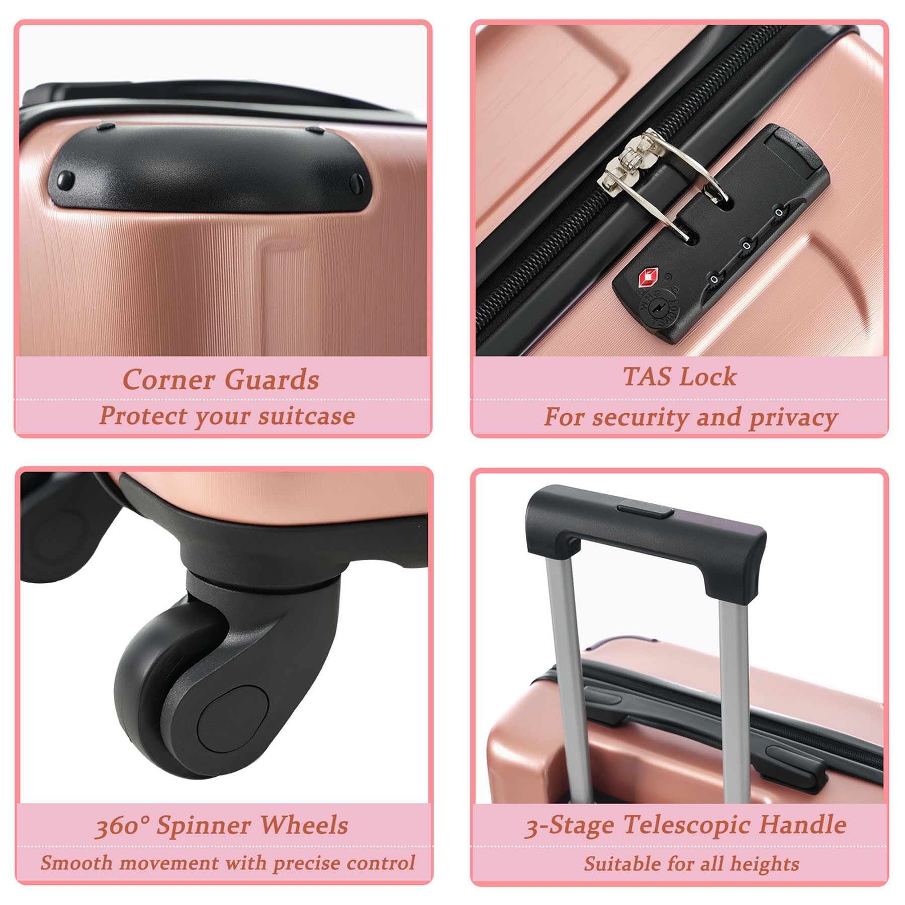 S-HOME Lightweight Durable Hardshell ABS Suitcase in Elegant Design 20 Inch Travel Carry On Luggage with Spinner Wheels,Rose Pink