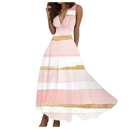 Blphud Comfy Dress Business Casual Dress for Women Women Summer Sexy Deep V Neck Formal Sleeveless Long Dress Gradient Swing Dresses Stylish Women Dresses Pink XL