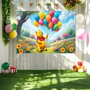 Winnie the Pooh Birthday Banner - Vibrant Polyester Backdrop with Balloons & Flowers, Perfect for Outdoor Parties, Holiday Decorations, and Photo Shoots, Birthday Party Decorations