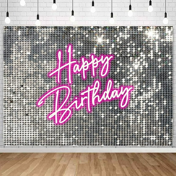 Silver Sequins Pink Neon Happy Birthday Backdrop for Photography Shining Flash Stars Shimmer Wall Decoration Banner Princess Girls Women Bday Party Background 7x5ft