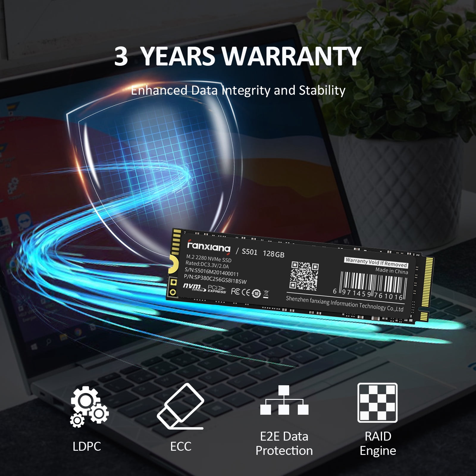Fanxiang S501 128GB M.2 2280 PCIe Gen3 x4 NVMe SSD, 3D NAND Internal Solid State Drive Up to 1100MB/s for Laptop Desktop