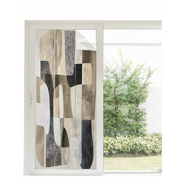 Window Privacy Film Black Brown Geometric Stained Glass Window Film Decorative Sun Block Window Cover Modern Abstract Textured Window Clings Static Adhesive Sticker for Bathroom 35.4"x78.7"