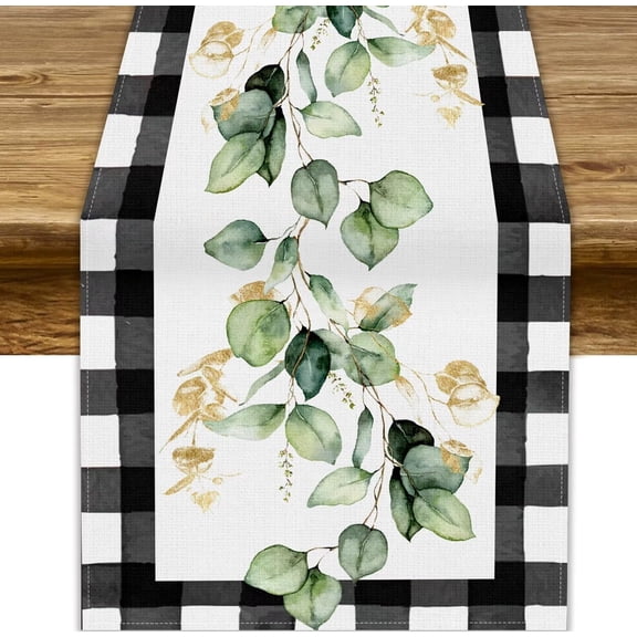 Spring Eucalyptus Leaves Table Runner,Black Buffalo Plaid Check Summer Farmhouse Style Table Linen Cloth for Kitchen Dinning Holiday Party Indoor Outdoor Decor 13x70in