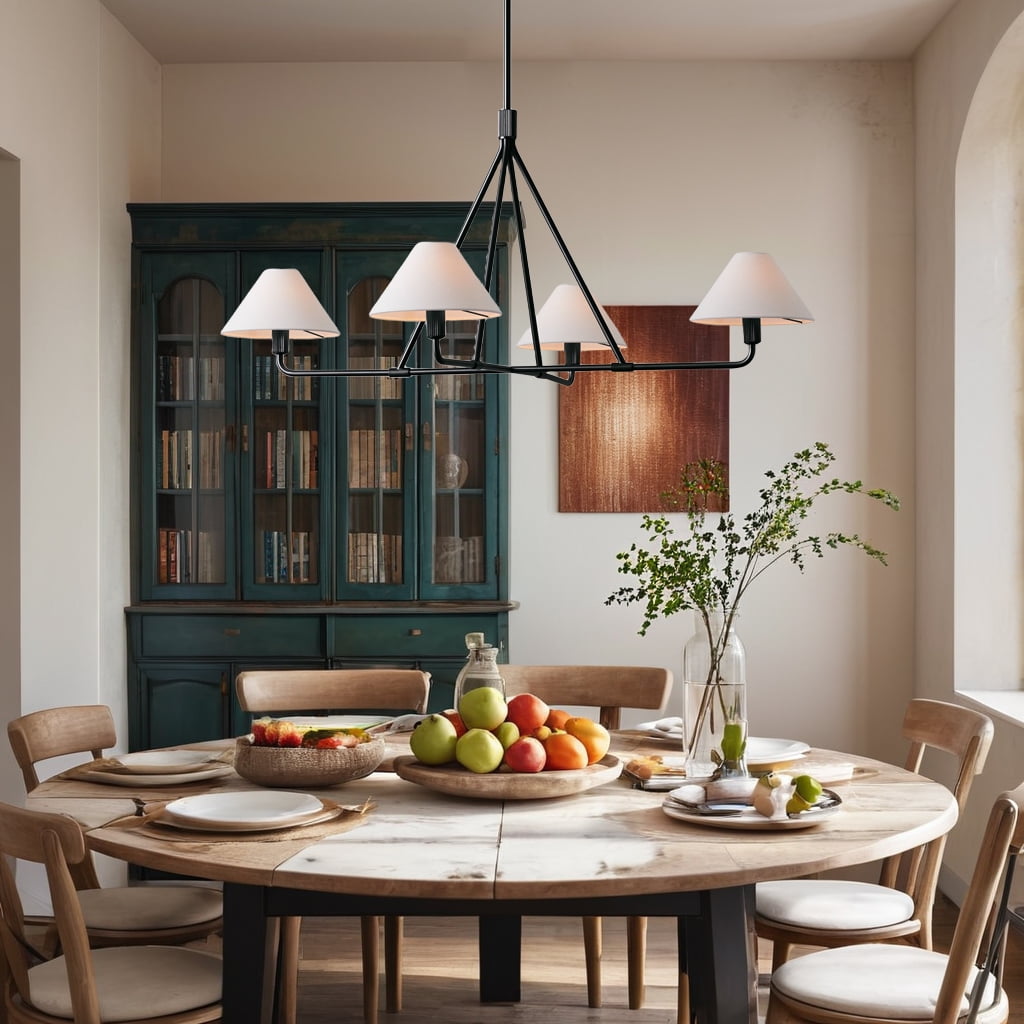 Mid-Century Matte Black  Linen Chandelier 37 Inch ,Conical Ceiling Light with Linen Shade, Natural 4-Light Ceiling Lamp, Organic Ceiling Mounted Light for Living Room, Dining Room