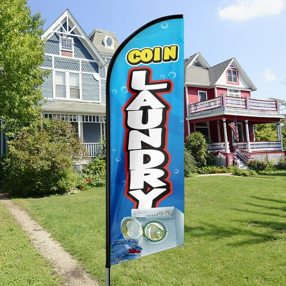 QSUM Coin Laundry Themed Swooper Flag, 11FT Coin Laundry Advertising Feather Flag, Coin Laundry Signs for Businesses and Storefronts(Flagpole NOT Included)