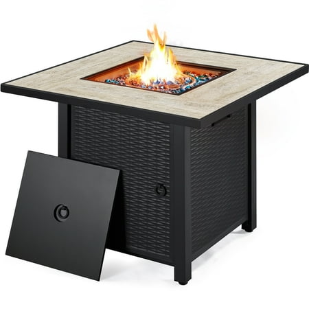 Topeakmart 30   Outdoor Square Propane Fire Pit Table 50 000 BTU Gas w/ Ceramic Rattan Pattern Steel Base Glass Black