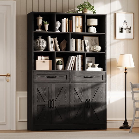 71inch Tall Bookcase, 6 Tier Large Bookshelf with 8 Open Cubbies 2 Drawers and 4 Doors, Wood Display Cabinet Book Storage Organizer for Living Room Office, Black