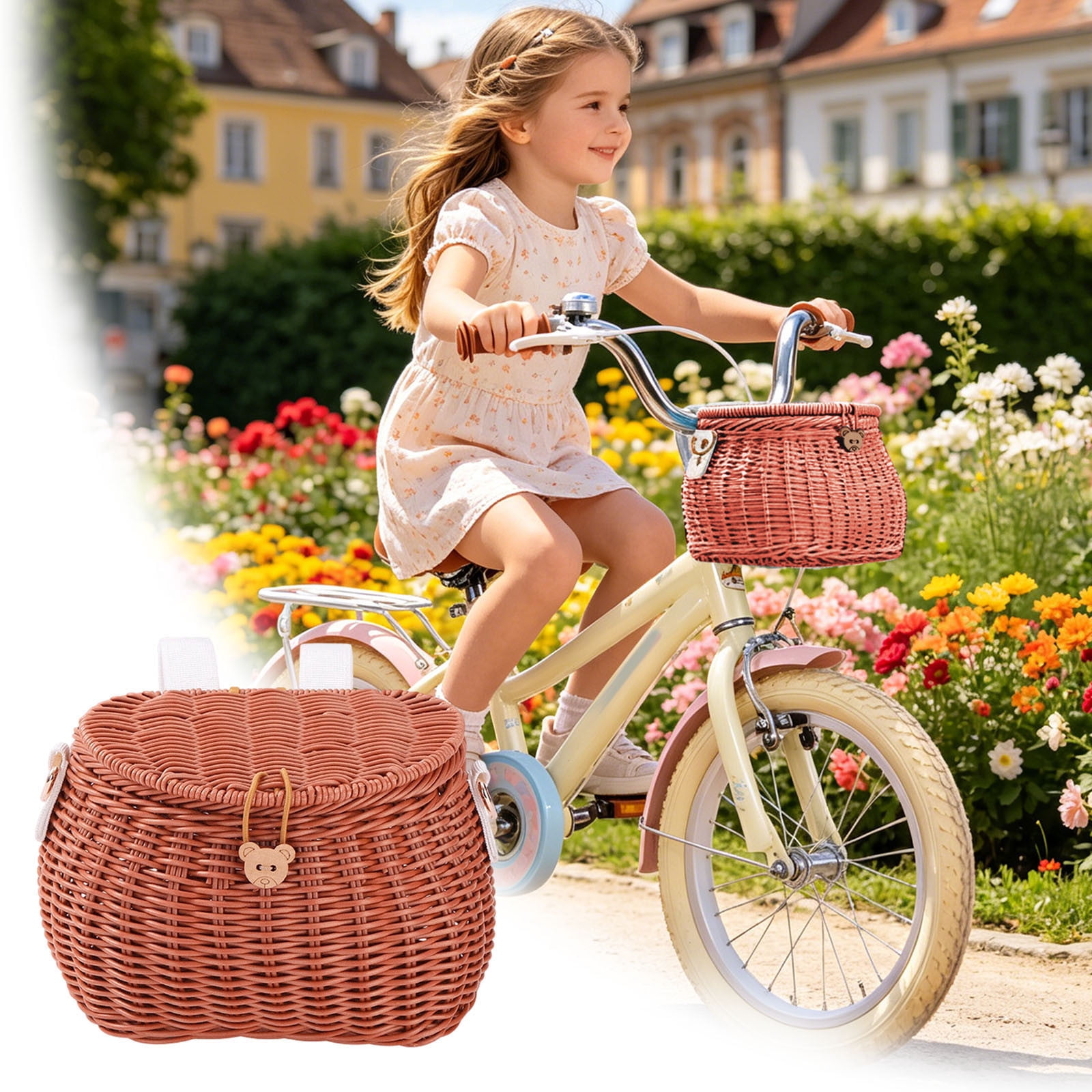 YIGOUMY-19cm PP Woven Bike Basket with Lid, Brown Bear Design Front Basket for Bicycle, Det Storage Basket with Strap for Scooter (Brown-A)