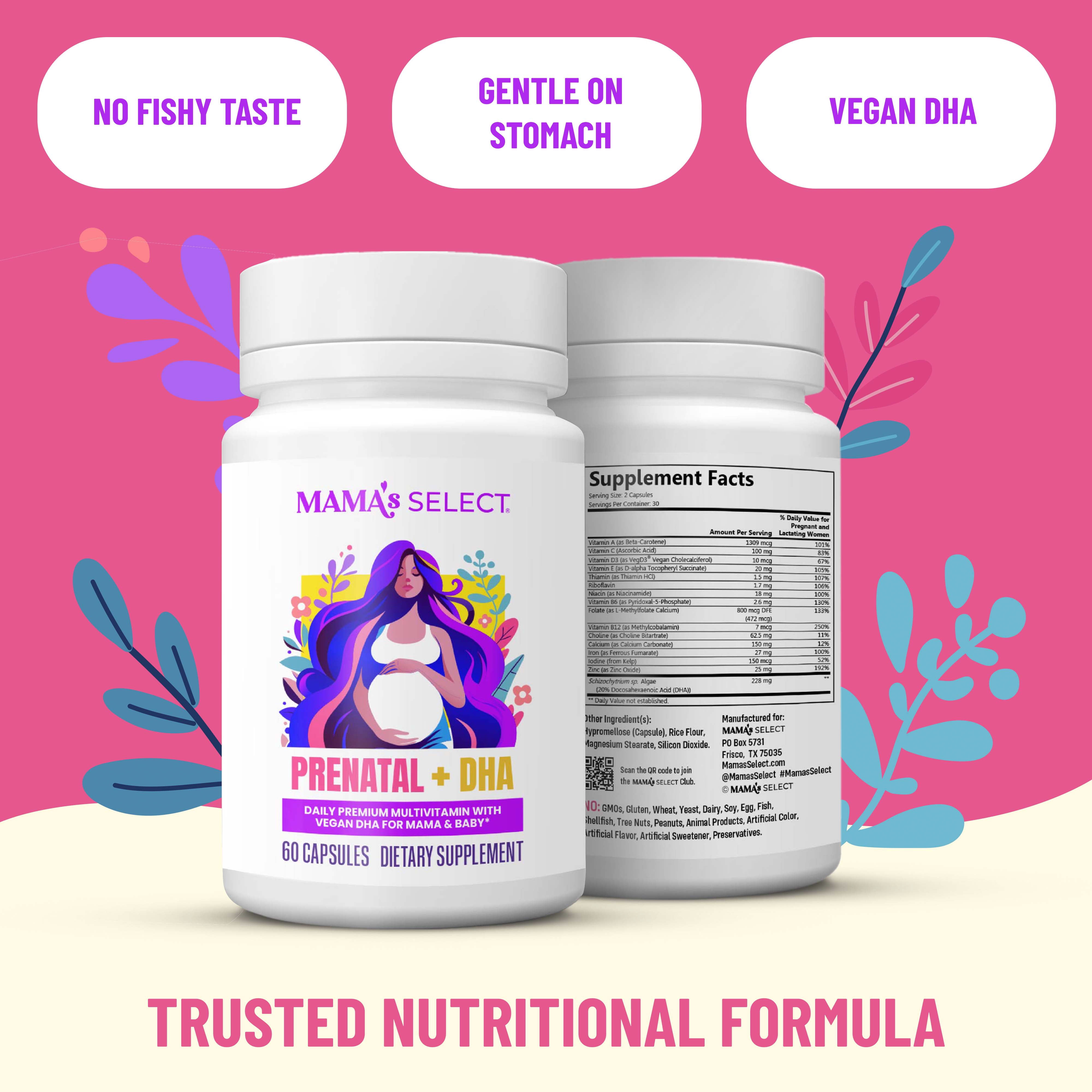 Mama’s Select Prenatal Vitamins with Vegan DHA – MTHFR-Friendly, Fish-Free & No Fish Burps, Allergen-Free, Gentle on Digestion, No Biotin Added