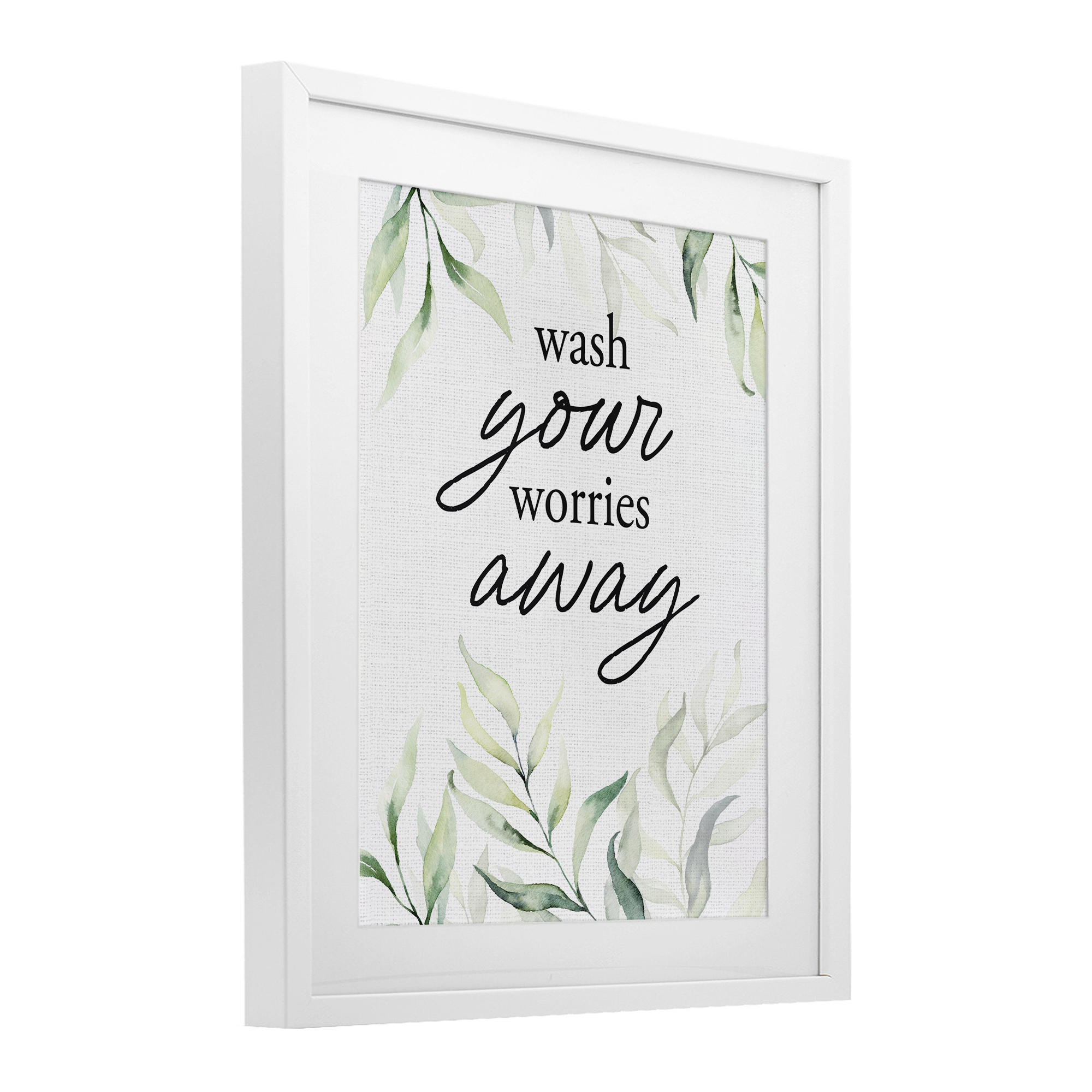 Wash Worries Away Leaves White Framed Print Under Glass, design by Lettered and Lined