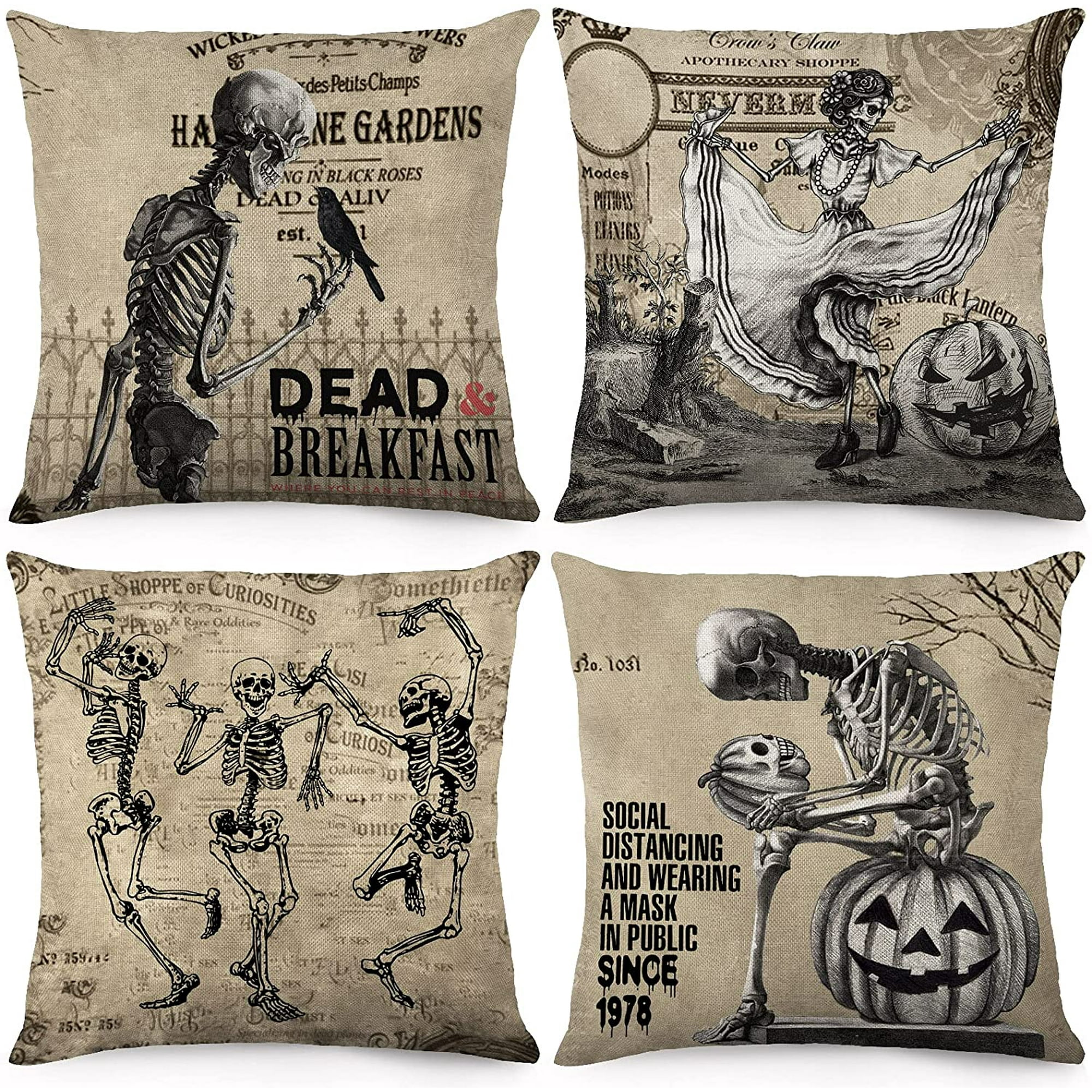 Halloween Vintage Pillow Covers 18x18 Inch Set of 4 Fall Throw Pillowcase Gothic Dark Occult Skull Skeleton Decorations Linen Cushion Case for Home Decor Walmart