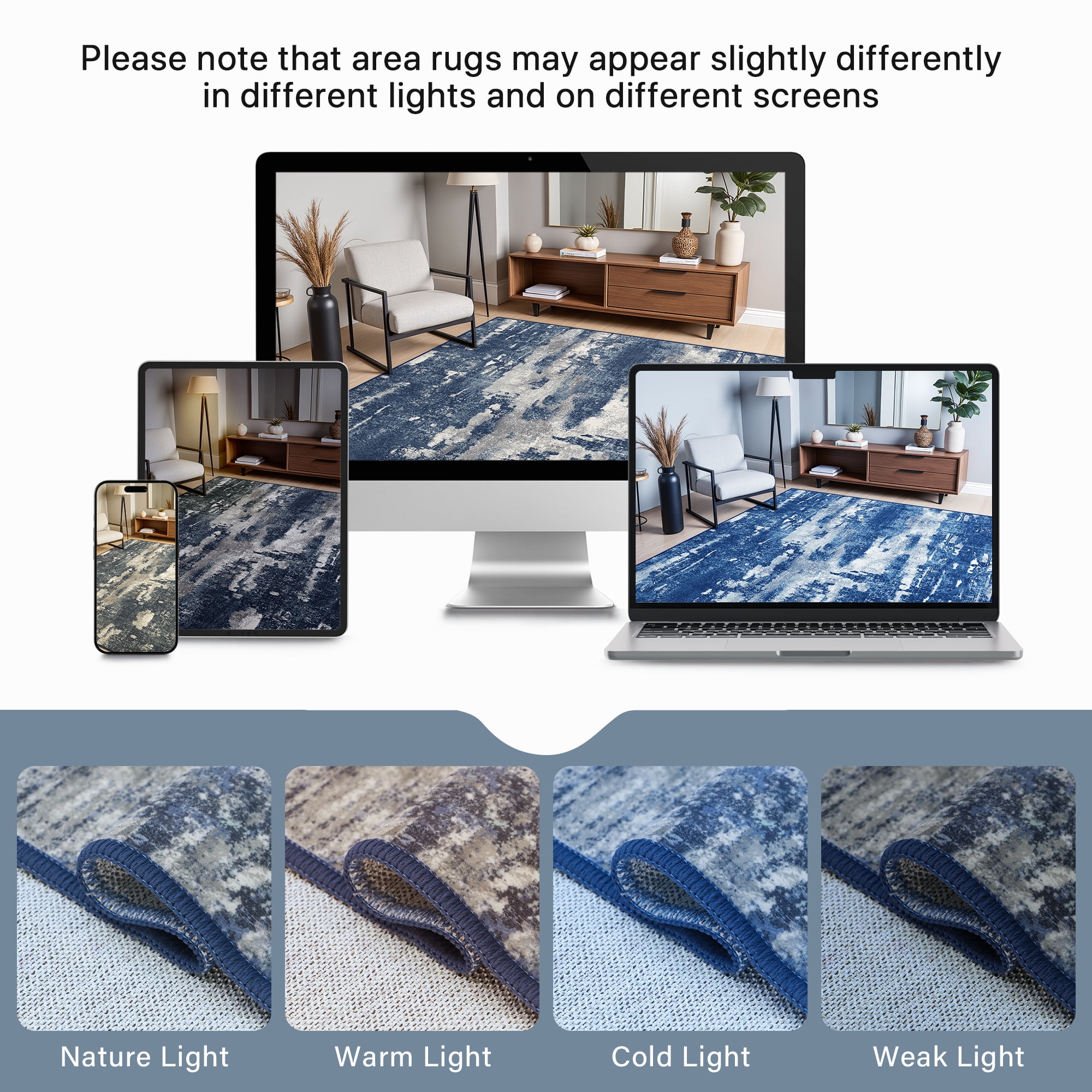 KUETH Area Rugs for Living Room 5x7 Large Modern Machine Washable Vintage Rugs Distressed Abstract Print Blue Throw Rug for Bedroom Aesthetic, Non Slip Carpet with Gripper