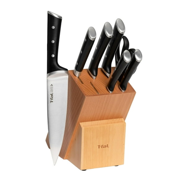 T-fal Ensemble de Couteaux de Cuisine en Acier Inoxydable Allemand et Bloc de Bois 8 Pcs, Tranchant Longue Durée, Haute Précision de Coupe, Durabilité Supérieure, Lames Ultra Tranchantes