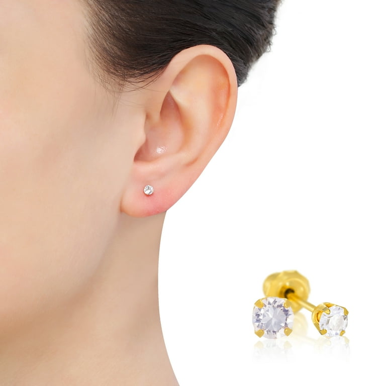 Home Ear Piercing Kit with 14k Yellow Gold 3mm Cubic Zirconia Earrings 