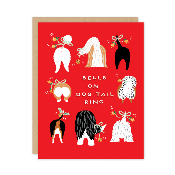 Funny Dog Christmas Card – "Bells on Dog Tail Ring" Design – Cute Canine Illustration – Blank Inside for Personalized Messages – Perfect Holiday Greeting for Dog Lovers