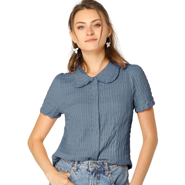 Camisa de Manga Corta Allegra K Suave con Botones y Cuello Peter Pan Azul Polvoriento M