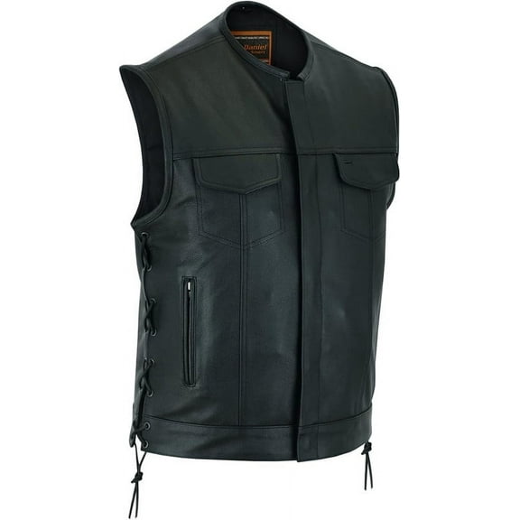Daniel Smart S to 12XL Men leather vest Cowhide Motorcycle Leather Vest with Side laces, Without Collar
