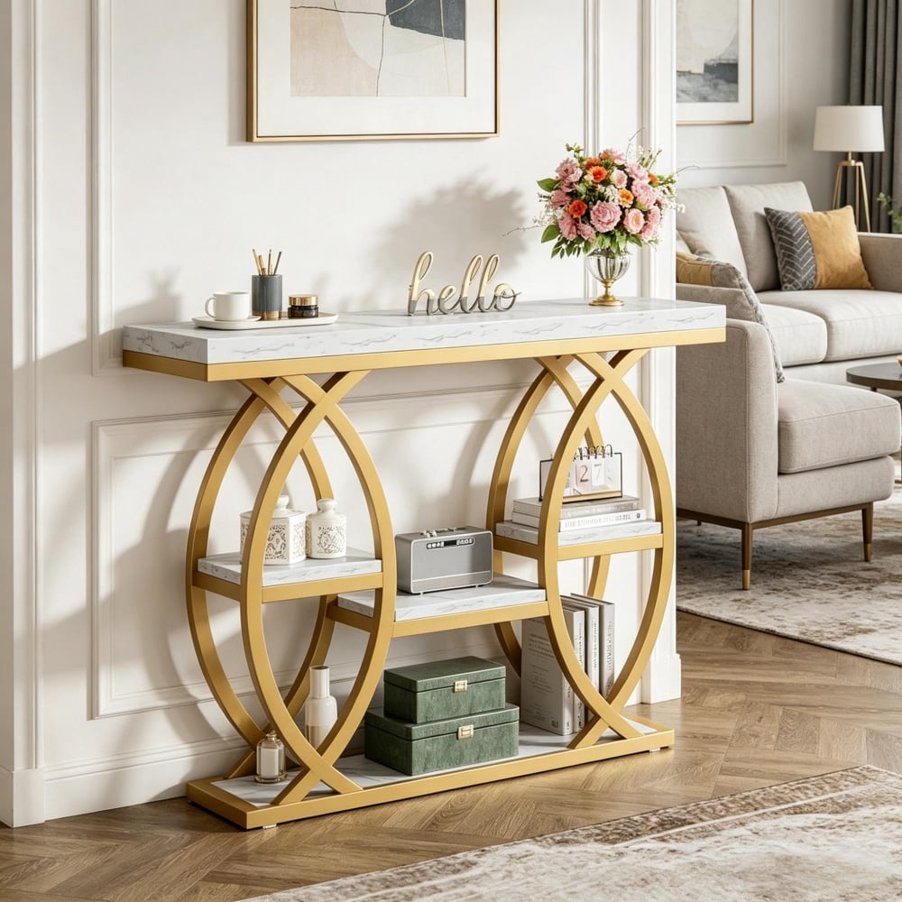 Long Console Table, 4-Tier Narrow Entryway Table with Storage, Industrial Metal Frame, Particle Board Top