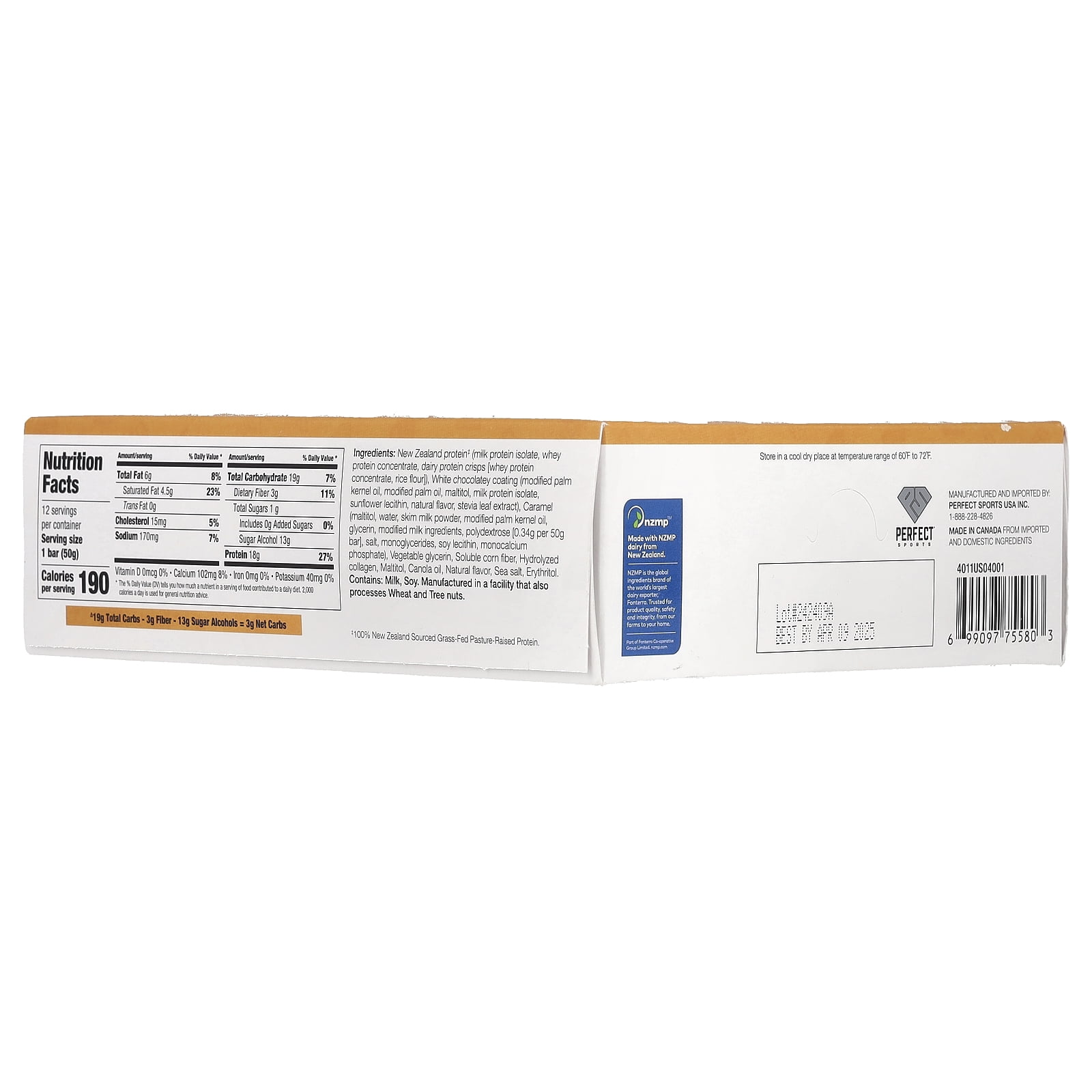 PERFECT Sports Diesel, New Zealand Protein Bar, White Chocolate Salted Caramel, 12 Bars, 50 g Each
