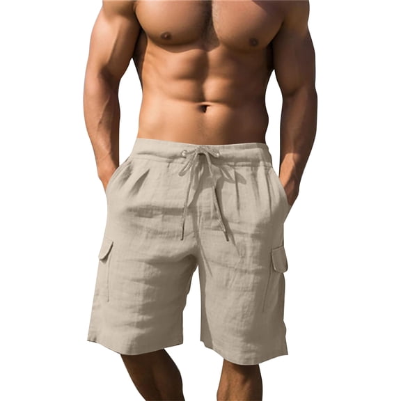 AHMOMEI Men Linen Shorts Elastic Waist Drawstring Men's Beach Shorts Wide Leg Mens Shorts Casual with Pockets Khaki XXXL