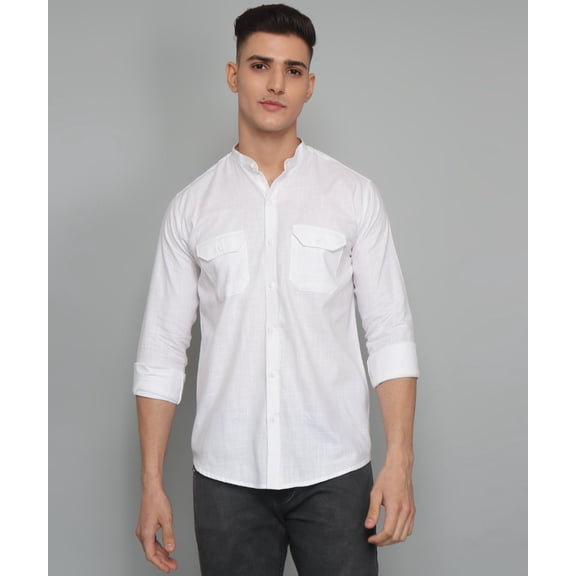 Fancy Fabulous TryBuy Premium White Solid Cotton Linen Casual Double Pocket Shirt