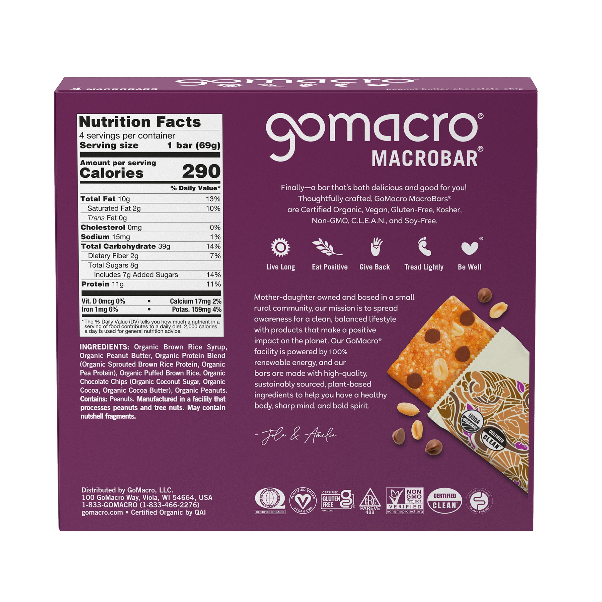 GoMacro MacroBar Organic Vegan Protein Bars - Peanut Butter Chocolate Chip 11 grams (4 Count)