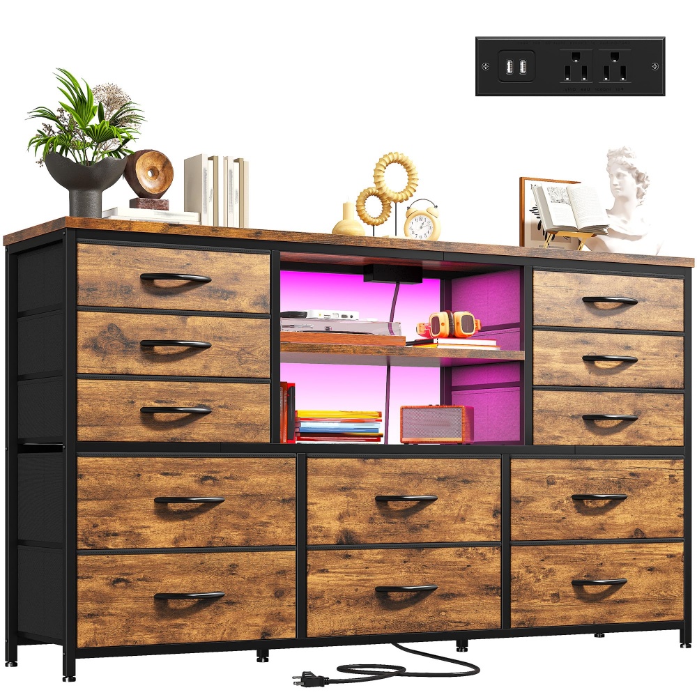 EnHomee Dressers for bedroom TV Stand with Power Outlets LED Lights Wide Dresser with 10 Drawers Side Pockets Hook Fabric Chest of Drawers Black