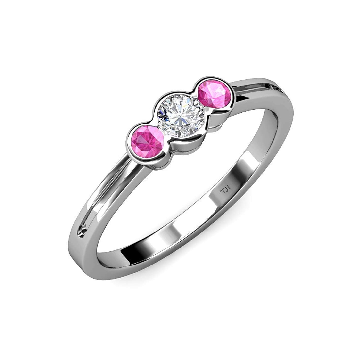 Diamond (SI2-I1, G-H) and Pink Sapphire Three Stone Ring 0.50 ct tw in 14K White Gold.size 7.5 by TriJewels