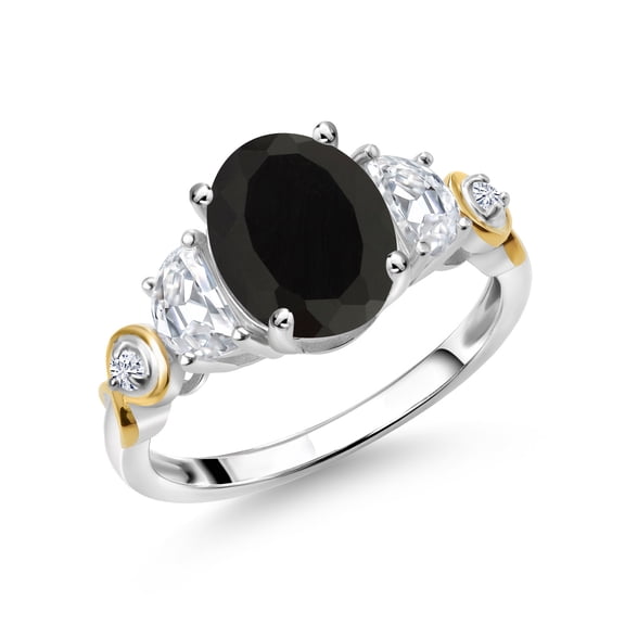 Gem Stone King 925 Silver and 10K Yellow Gold 3-Stone Ring Oval Black Onyx and Moissanite (2.50 Cttw, Size 5)