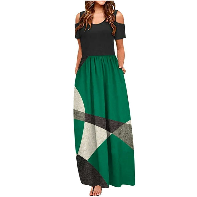SMihono Robe Maxi Bohème d'Été pour Femmes Grande Taille Mode Décontractée Manches Courtes Épaules Dénudées Imprimé Col Rond Robe de Plage