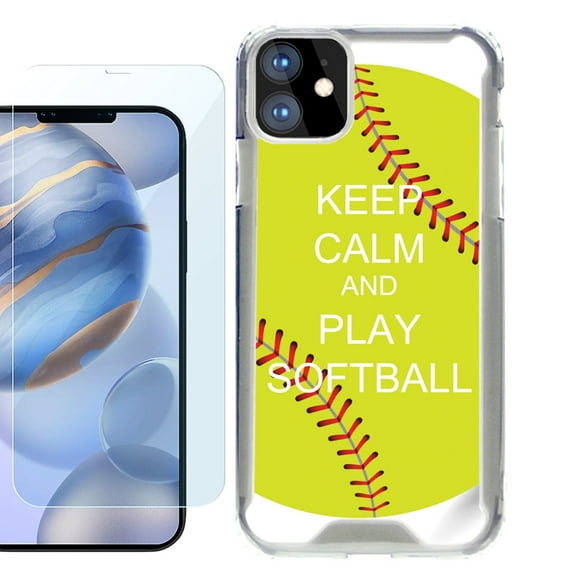 For Apple iPhone 12 Case, iPhone 12 Pro Case, Hybrid Bumper Phone case, with Tempered Glass Screen Protector, by OneToughShield ® - Keep Calm Softball