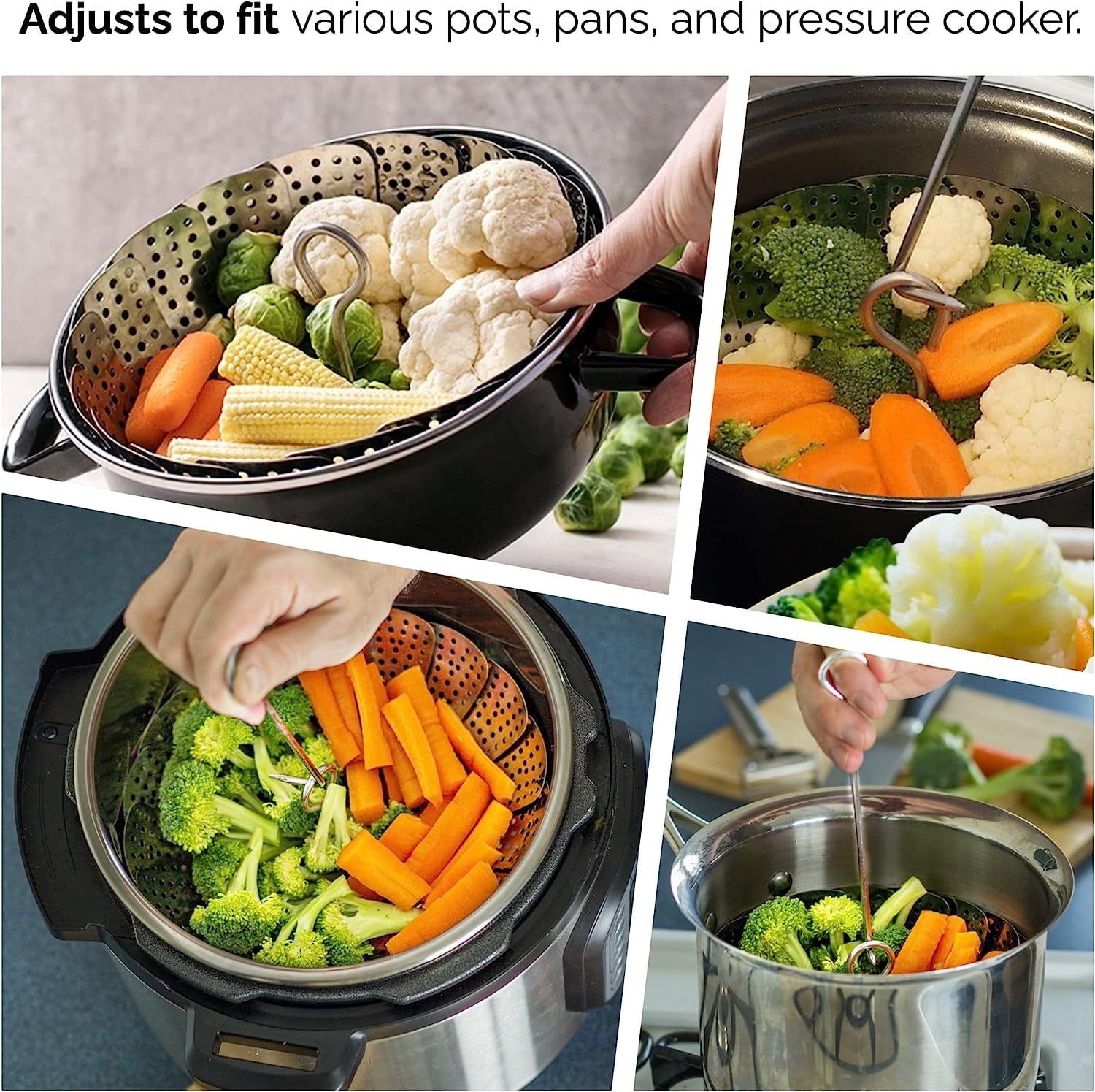 Vegetable Steamer Basket, Fits Instant Pot Pressure Cooker 5/6 QT and 8 QT,  18/8 Stainless Steel, Folding Steamer Insert for Veggie Fish Seafood Cooking,  Expandable to Fit Various Size Pot 